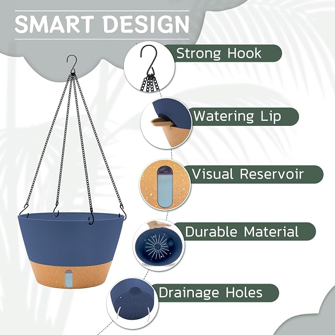 ZMTECH 12 Inch Hanging Planters for Indoor Plants, Large Blue Self Watering Hanging Planter with Visible Water Level & Heavy Duty Chain, Modern Flower Pots for Outdoor Patio Decor