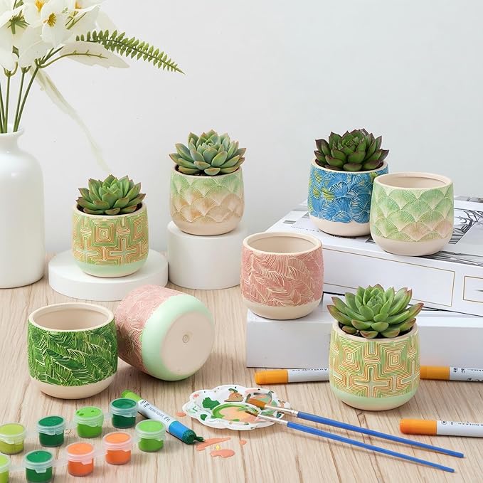 Zubebe 12 Pcs Paint Your Own Ceramic Pots Bulk Unfinished Succulent Pots Craft Kit with Drainage Hole Mini Paintable Plant Vase Ready to Paint Planter for Cactus DIY Craft (Nordic Embossed)