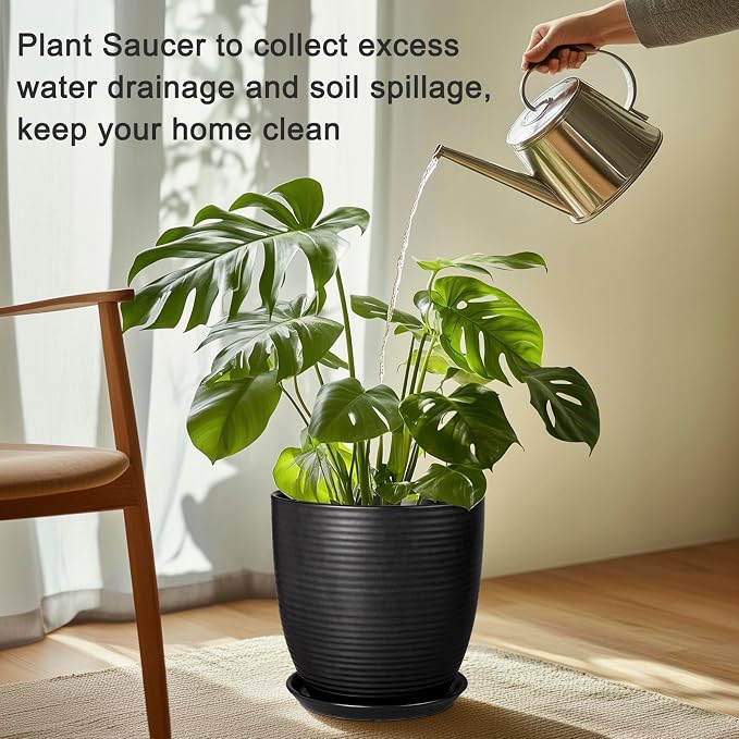 Plant Tray for Pots 10 Inch - Ceramic Plant Saucer for Indoors, Plant Drip Tray, Plant Plates to Catch Water, Flower Pot Saucer, Decorative Plant Drainage Tray, Black