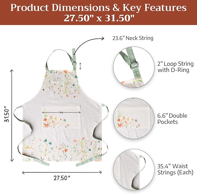 Maison d' Hermine Aprons for women with Pocket 100% Cotton (27.50"x31.50") | Adjustable Neck Strap & long ties Apron Men Chef Wedding Cooking Gardening Server Maid