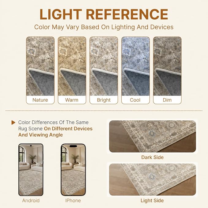 10x12 Area Rugs Washable Large Vintage Rug for Living Room Bedroom | Farmhouse Boho Floral Neutral Washable Stain Resistant Indoor Carpet for Bedroom Office and Home Decor (Brown&Gold)