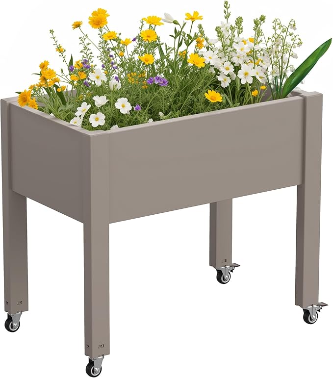 Elevated 26.3" Tall Raised Garden Bed with Wheels - Outdoor Mobile Resin Planter Box with Drainage Holes for Vegetables Flower Herbs, Weather Resistant, Gray (26.3" h)