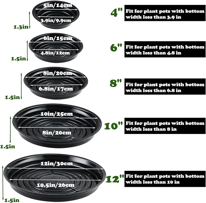20 Packs 8 Inches Black Plant Saucers for Indoor Outdoor Use Heavy Duty Plastic Plant Trays for Planter Bulk Flower Pot Drip Trays to Catch Water, 4 to 20 Inch