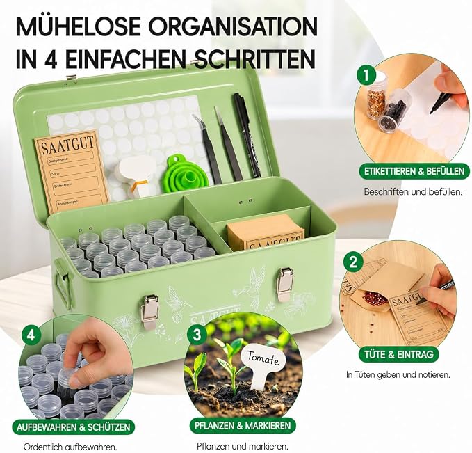 60 Slots Seed Organizer Storage Box with 3 Compartments,Large Metal Garden Seed Organizer with Lid&Safety Locks,Seed Saver Bin 50 Plant Labels 60 Seed Envelopes,Professional All-In-One Seed Saving Kit