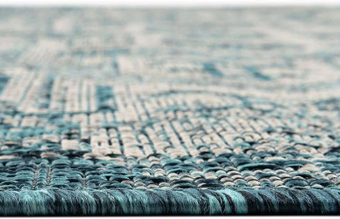 Unique Loom Outdoor Aztec Collection Area Rug - Coba (7' 10" Square, Teal/ Ivory)