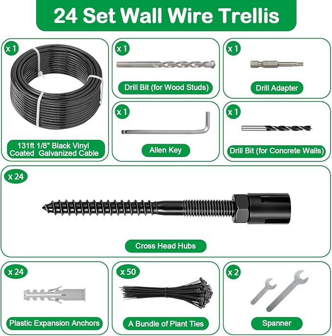 TooTaci Wire Trellis for Climbing Plants Outdoor, 24 Set Black Wall Wire Trellis Kit with 131ft 1/8 Vinyl Coated Cable, Modern Minimalist Support System for Wall, Fence, DIY Plant Training