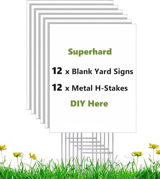 12 Pack 17 x 12 Vertical White Blank Yard Signs with Stakes, Weatherproof Corrugated Plastic Board Sign, Blank Lawn Signs for Outside Rent, Sale, DIY, Party, Event, Advertising, Garden, Guidepost Decorations