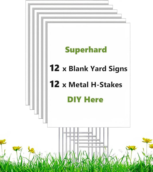12 Pack 17 x 12 Vertical White Blank Yard Signs with Stakes, Weatherproof Corrugated Plastic Board Sign, Blank Lawn Signs for Outside Rent, Sale, DIY, Party, Event, Advertising, Garden, Guidepost Decorations