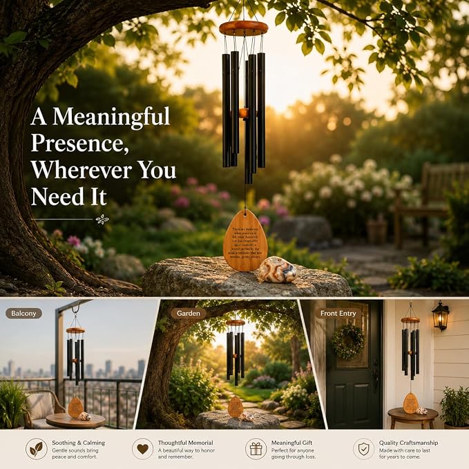 Memorial Wind Chimes for Loss of Loved One - 28 in. Sympathy Wind Chime Gift with Keepsake Stone & Message Card, Calming Tone, Wood Mute Damper, Garden Porch Patio Decor for Outside