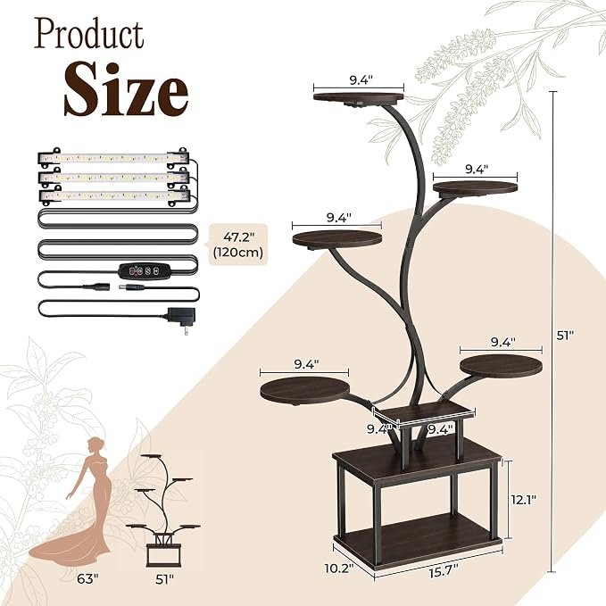 PRAISUN 51 Inch Plant Stand with Grow Lights, 8 Tiered Indoor Plant Shelf with Larger Flower Holder, Curved-tubed Design, 3 Light Modes, Corner Plant Rack for Living Room, Walnut