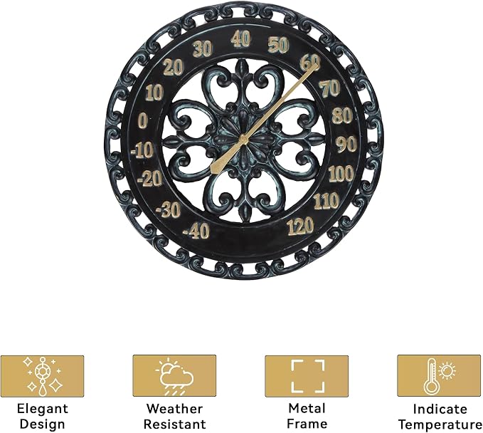 Lily's Home Hanging Verdigris Wall Dial Thermometer, Ideal for Indoor and Outdoor Use, Black (13 Inches)
