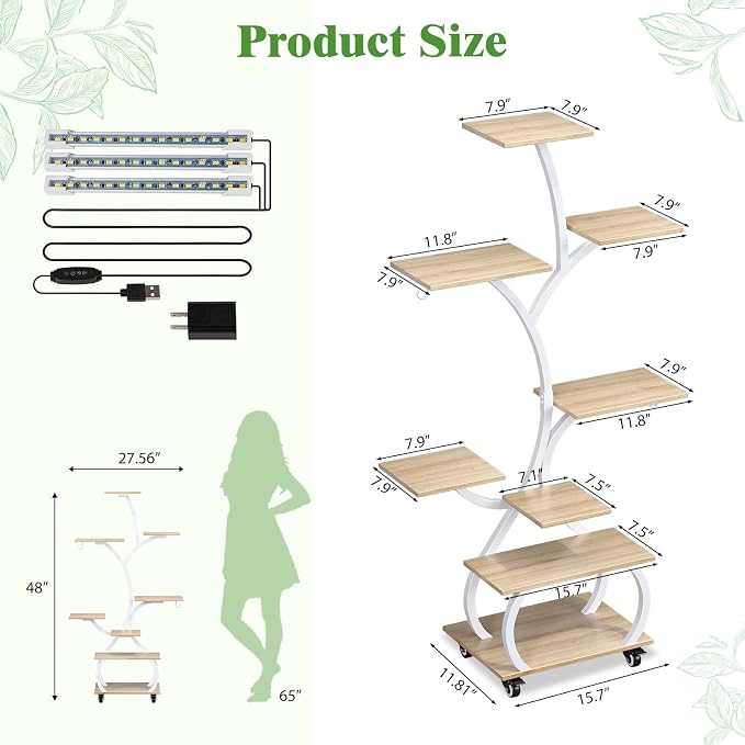 VINGLI Plant Stand Indoor with Grow Lights, 48" Small Space Plant Stand, 8-Tier Mobile Plant Shelf, Lighted Display Rack for Apartment, Living Room & Balcony, White and Oak