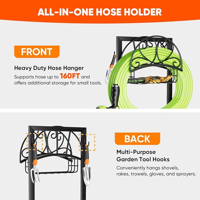 Stable Garden Hose Holder with Storage Basket and Tool Hooks, Heavy-Duty Water Hose Storage Metal Hose Hanger Holds 160Ft, Rustproof Freestanding Hose Holder for Outside,Yard,Lawn,Farm