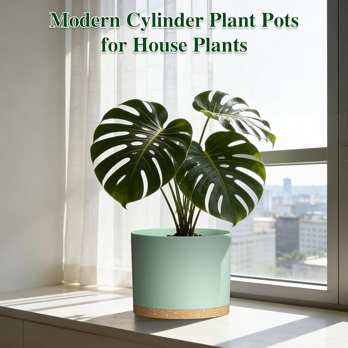 Plant Pots, 10/9/8 Inch 3 Pack Cylindrical Flower Pots with Drainage Holes and Saucers, Plastic Planters for Outdoor Indoor Plants,Green Brown