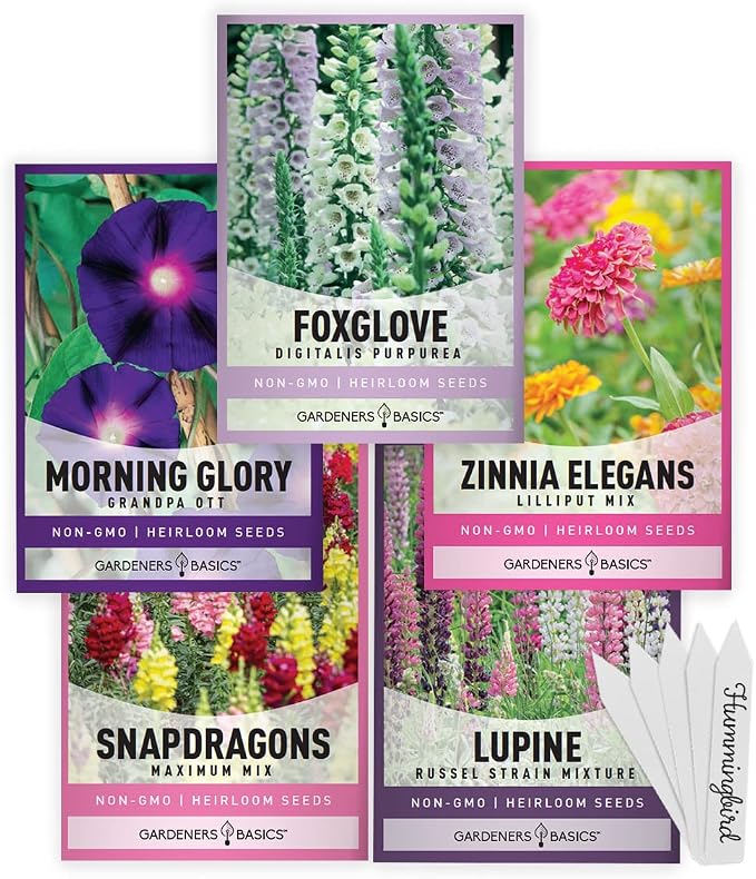 Gardeners Basics, Hummingbird Seeds for Planting Outdoors Flower Seeds (5 Variety Pack) Zinnia, Foxglove, Lupine, Morning Glory, Snapdragons Varieties for Bees, Pollinators Wildflower Seed
