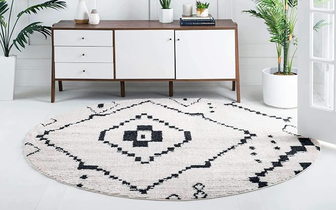 Unique Loom Morocco Collection Tribal, Southwestern, Bohemian Area Rug (4' 0 x 4' 0 Round, Ivory/Black)