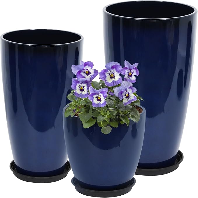 Neoaider Set of 3 Tall Planter, 24/21/12in Large Plastic Planter, Blue | Ceramic-Look, Lightweight, Built-in Drain Hole, Saucers, Tall Outdoor Planter for Porch, Garden, Patio, Balcony