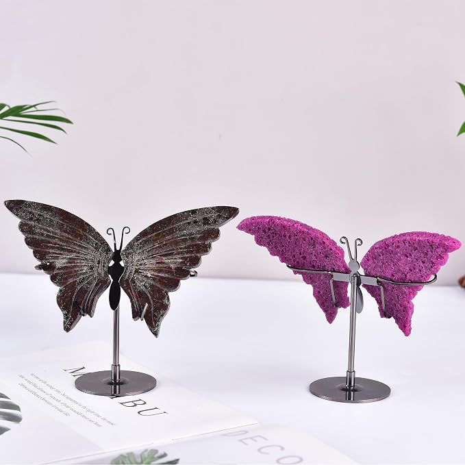 JIC Gem Dragon Blood Quartz Crystals Butterfly Art Decorative Natural Rocks Healing Crystal and Stones Carved Angel Wings with Display Decor Reiki Gifts (1pair, 10cm)