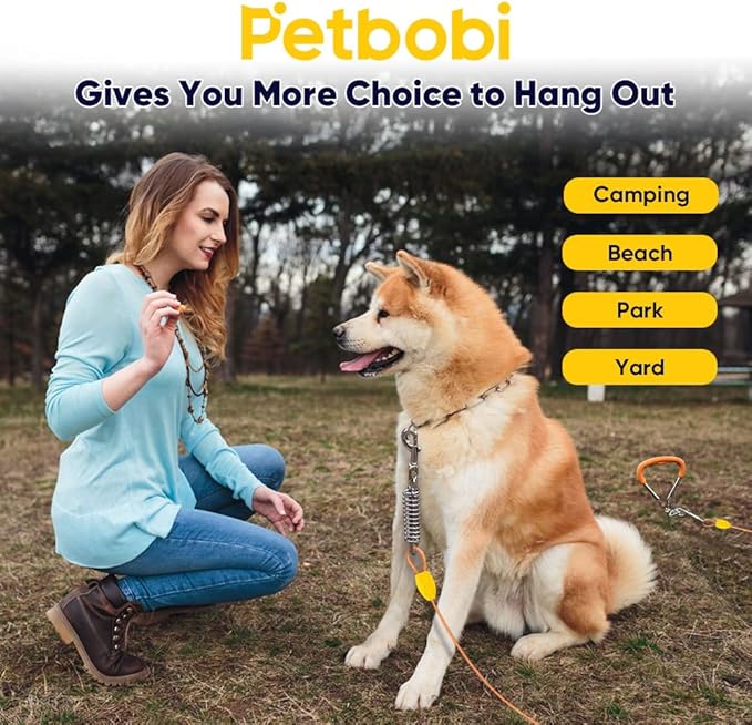 Petbobi Dog Tie-Out Cable and Stake - 30ft Heavy Duty Cable with Spring, No Tangle, 16in Ground Stake, Ideal for Outdoor Yard, Camping, Suitable for Small Medium Large Dogs Up to 120 lbs, Orange