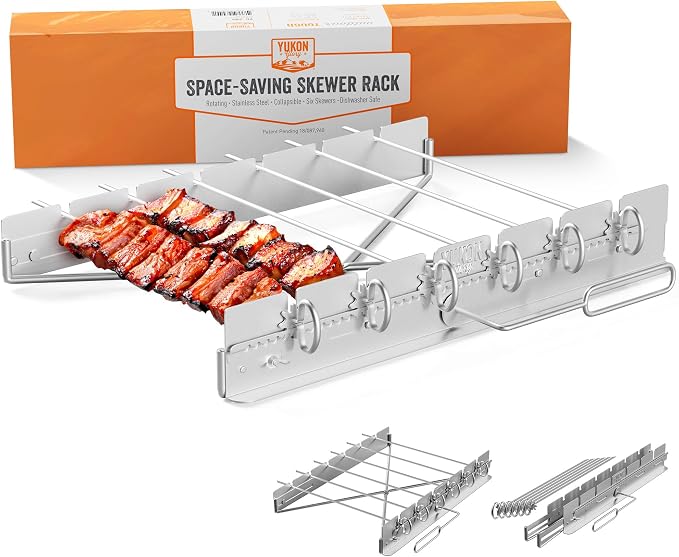 Yukon Glory Rotating Kabob Skewer Rack, Stainless Steel Shish Kebab Set with 6 Metal Skewers, Collapsible Holder for Grill, Dishwasher Safe