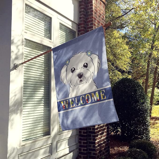 Caroline's Treasures BB1394CHF Maltese Welcome House Flag, Blue Large Porch Sleeve Pole Decorative Outside Yard Banner Artwork Wall Hanging, Polyester, House Size, Multicolor