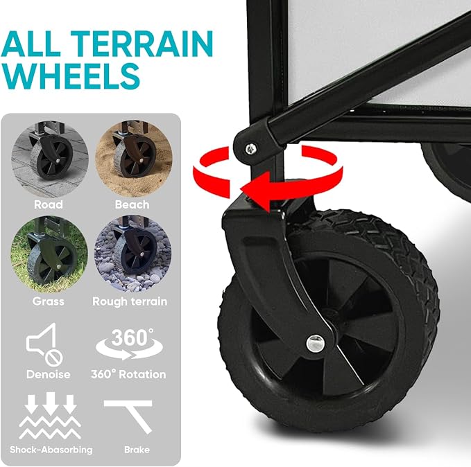 Collapsible Wagon with Quiet Wheels - Silent Grocery Shopping Cart for Seniors, Foldable Utility Cart for Laundry & Apartment, Washable Heavy Duty Rolling Wagon with Two Mesh Pockets, Gray