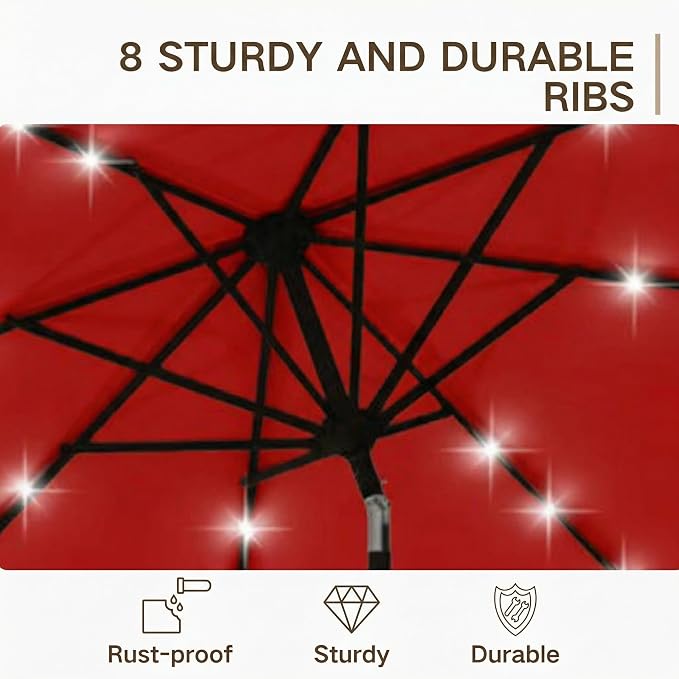 Kingdura 9FT Outdoor Patio Umbrella with Solar Lights, Market Table Umbrella with Push Button Tilt & Crank, 8 Sturdy Ribs, 32 LED Lights, UV Protection for Garden Lawn Deck Backyard Pool (Red)