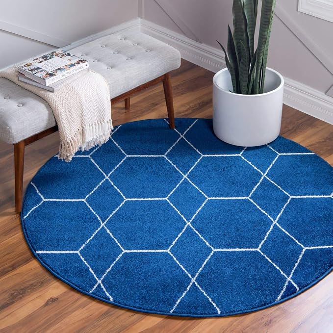 Unique Loom Trellis Frieze Collection Area Rug - Geometric (8' Round, Navy Blue/ Ivory)