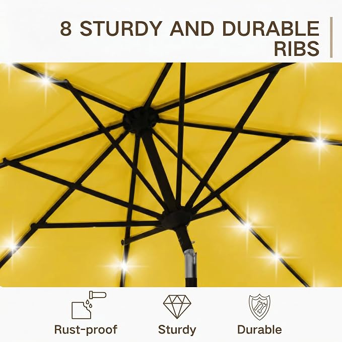Kingdura 9FT Outdoor Patio Umbrella with Solar Lights, Market Table Umbrella with Push Button Tilt & Crank, 8 Sturdy Ribs, 32 LED Lights, UV Protection for Garden Lawn Deck Backyard Pool (Yellow)