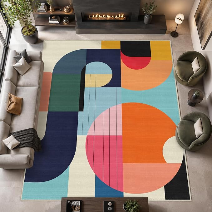 9x12 Area Rug Colorful Boho Geometric Carpet Modern Abstract Large Rug for Living Room Bedroom Machine Washable Non-Slip Rug for Dining Room Home Office