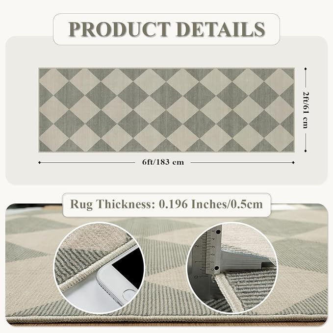 Beeiva Checkered Print Hallway Runner Rug Non Slip, Ultra Thin Washable Kitchen Runner Rug 2x6, Moroccan Neutral Green Soft Floor Carpet for Bedroom Laundry Room, Minimalist Diamond Hallway Decor