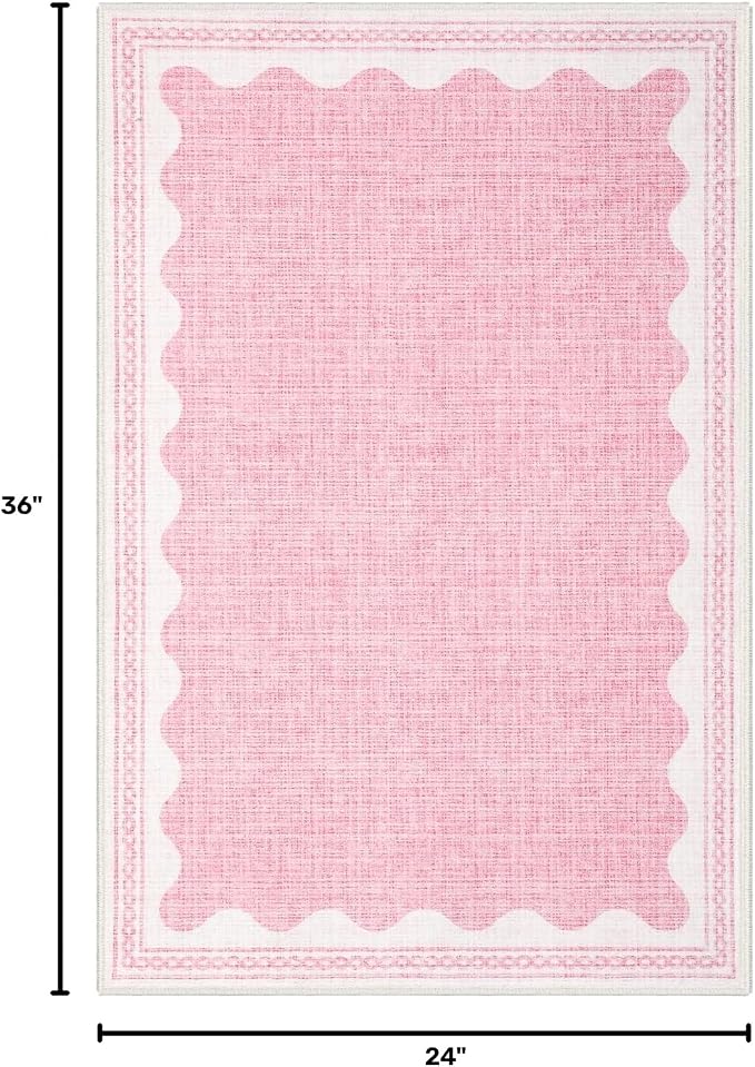 2x3 Scalloped Area Rugs Pink Washable Entryway Bedroom Rug | Solid Small Area Rug Non Slip Scalloped Bath Mat, Front Door Mat Indoor Entrance,Soft Girls Nursery Dorm Carpet for Kitchen