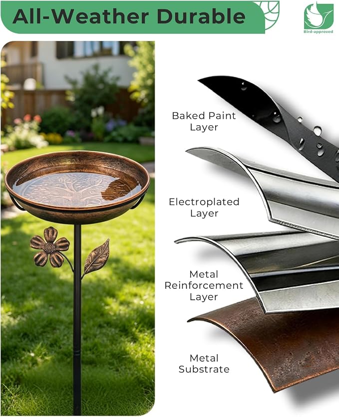 Metal Bird Bath for Outside 12" Tree of Life Birdbath Bowl with Stake | Adjustable Height Vintage Outdoor Bird Bath | Rust Resistant Easy to Clean for Garden Yard Lawn Decor Decor, Copper