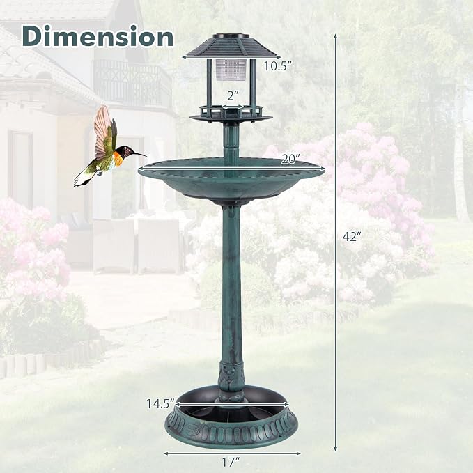 LDAILY Outdoor Bird Bath, 42’’ Solar Lighted Pedestal Birdbaths with Birds Feeder ,20’’ Water Bowl, Flower Planters and 3 Stakes, Attract Birds Antique Bird Bath for Outside Garden, Yard (Green, 42‘’)