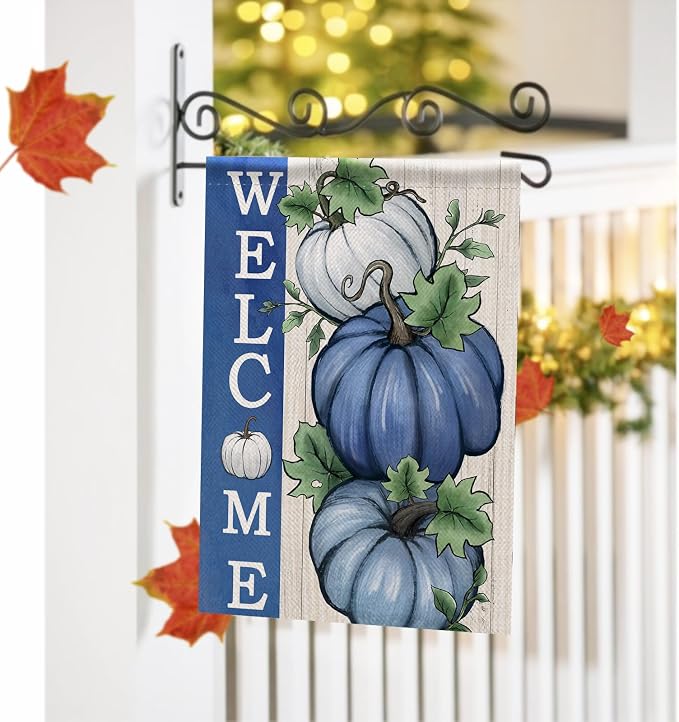Welcome Fall Pumpkin Decorative Garden Flag, Autumn Blue White Pumpkin Farmhouse Yard Outside Decorations, Thanksgiving Rustic Burlap Outdoor Small Home Decor Double Sided 12 x 18