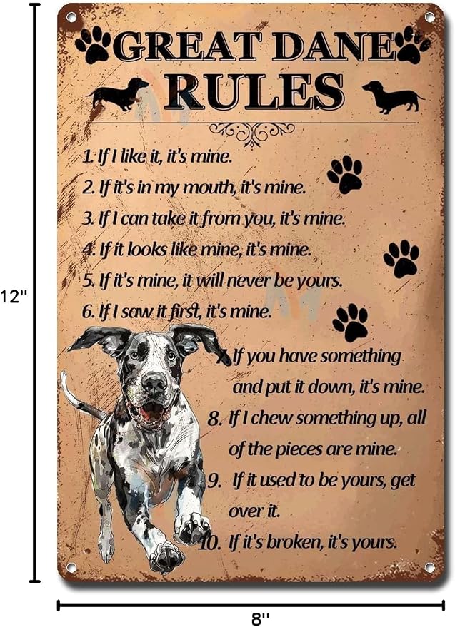 Metal Sign Tin Sign Vintage Wall Art Great Dane Rules Restroom Tin Sign for Pub 8×12 Inches