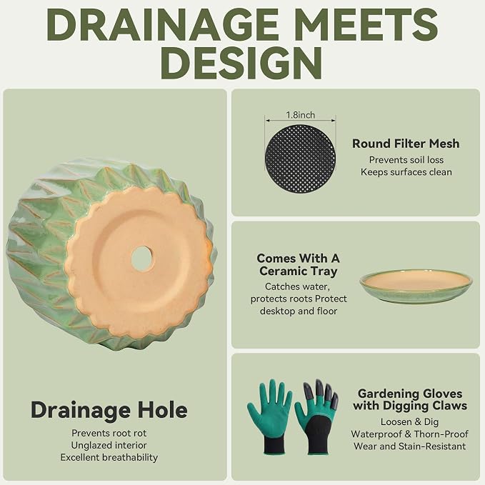 10 Inch Ceramic Planter Pot with Saucer Drainage Leak-Proof Mesh,Flower Pots for Indoor Plants with Gardening Gloves,Ceramic Planter(Light Green)