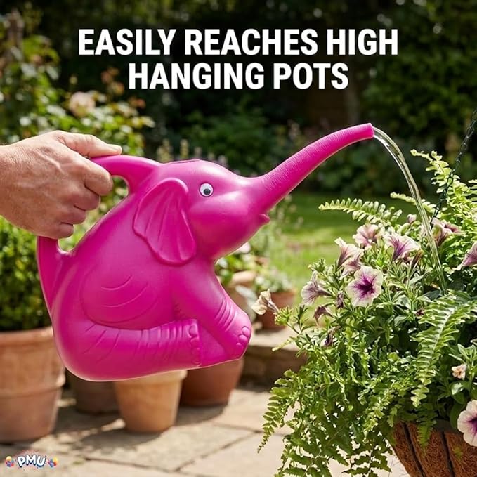 PMU 3Pcs 2-Quart Elephant Watering Can – Durable Plastic Garden Watering Can for Indoor & Outdoor Plants, Easy-Pour Spout, Large Water Pot, Pink