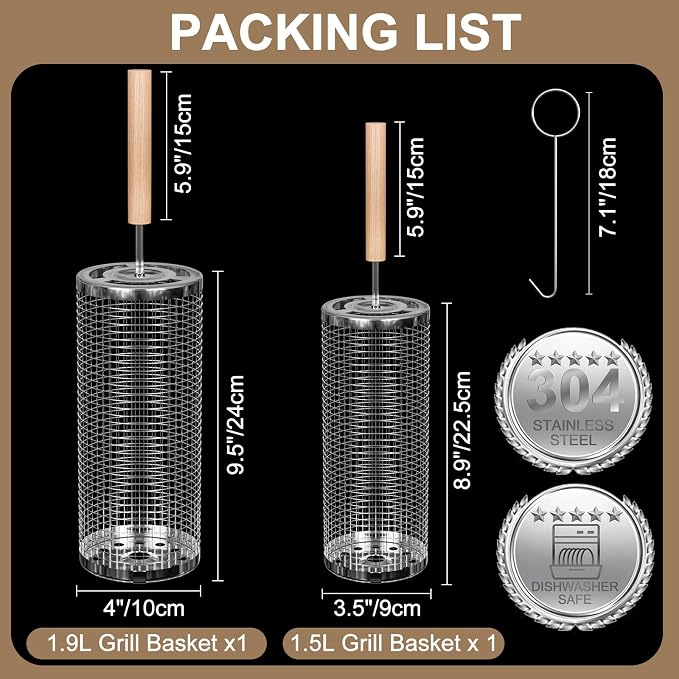 Rolling Grill Baskets 2PCS, Removable Wooden Handle 304 Stainless Steel Nesting BBQ Tools Outdoor Camping Grilling Accessories Tools for Vegetables Meat Food, Birthday Gifts for Men Husband