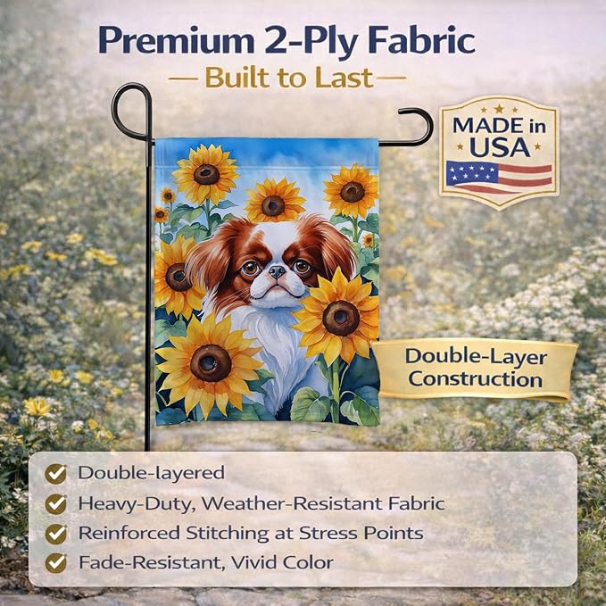 Caroline's Treasures DAC6104GF Japanese Chin in Sunflowers Garden Flag Mailbox Flag Decorative Yard Flag Banner Outside Patio Artwork Yard Flower Beds, Garden Size, Multicolor