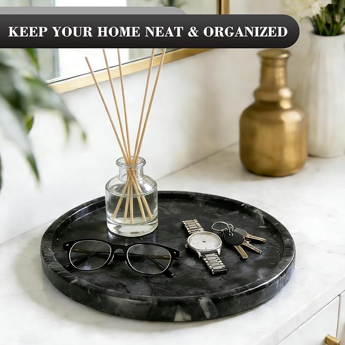 Natural Round Marble Tray - 7.8" Marble Vanity Tray for Dresser, Bathroom, Decorative Jewelry Dish for Perfumes Rings Earrings Necklaces, Stone Tray for Home Décor, Black