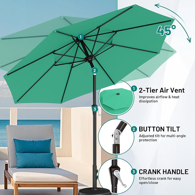 AreShark 9ft 2 Tiers Patio Umbrella - Outdoor Umbrella Waterproof UV Protection, Market Table Umbrella w/Push Button Tilt&Crank for Pool, Porch, Garden(Turquoise)