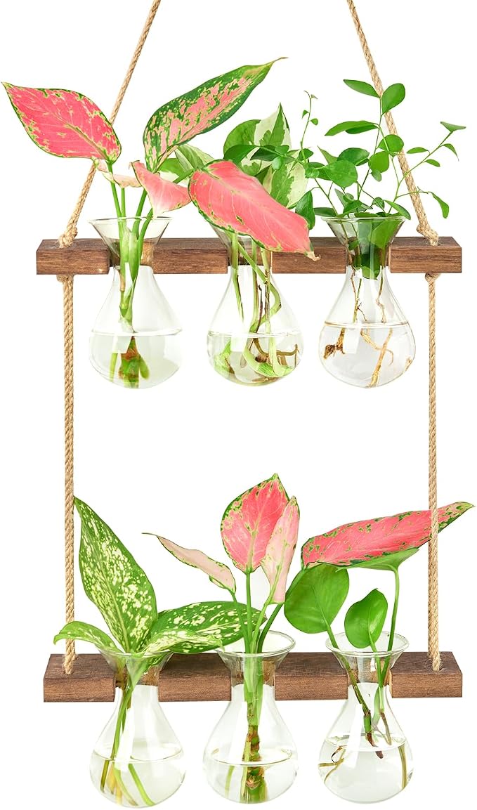 XXXFLOWER Wall Hanging Propagation Station with Wooden Stand 3 Bulb Vase 2 Tiers Planters Wall Terrarium for Home Office Plant Hanger Flower Vases Wall Decor(Brown)
