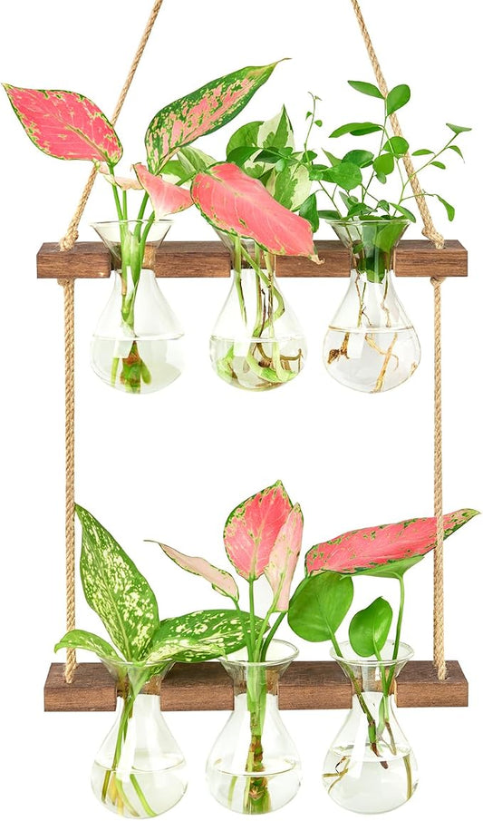 XXXFLOWER Wall Hanging Propagation Station with Wooden Stand 3 Bulb Vase 2 Tiers Planters Wall Terrarium for Home Office Plant Hanger Flower Vases Wall Decor(Brown)