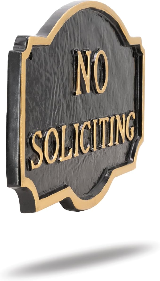 Montague Metal Products Montague No Soliciting Statement Plaque, Cast Metal No Soliciting Statement Sign - WALL Display Plaque - Warning Signs - Business - Easy to Install - UV Resistant (Black with Gold Letter, 4.5" x 7.15")