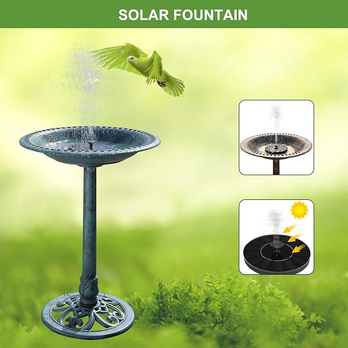 VINGLI Pedestal Bird Bath with Solar Fountain, Solar Pump Resin Birdbaths, Weather Resistant Bird Baths with Ground Stakes, Vintage Finish Garden Decor for Outdoor, Patio, Yard, Lawn(Green)
