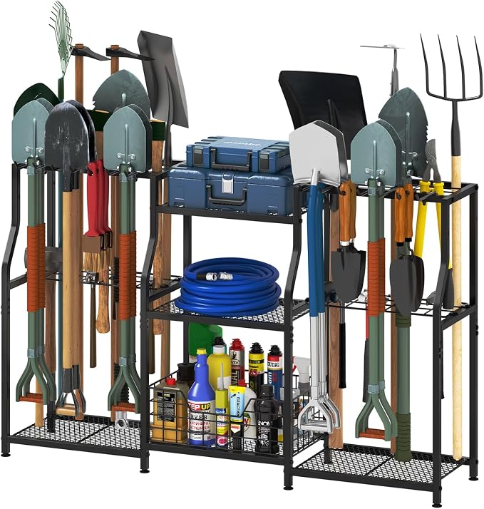keomaisyto Garden Tool Organizer, Heavy Duty Yard Tool Tower Rack for Garage Organization and Storage, 3 Tier Utility Garden Tool Rack with hooks for Garden/Shed/Garage/Yard/Basement/Lawn