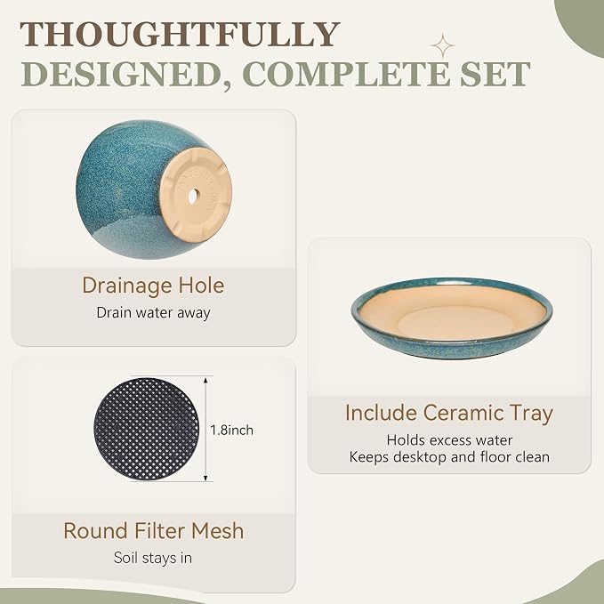 11 Inch Ceramic Plant Pot with Drainage Hole Mesh Net, Large Gardening Pots for Indoor Plants with Saucer, Crackle Blue