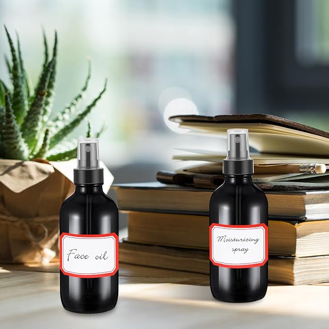 Fumete 36 Pcs Glass Spray Bottles 4oz Fine Mist Glass Spray Bottle Refillable Liquid Containers with 6 Labels 6 Funnel for Hair Travel Plants Cleaning Solutions Skin Care(Black,Classic)