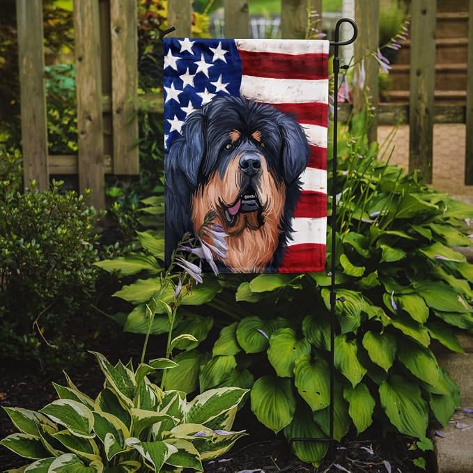 Caroline's Treasures CK6739GF Tibetan Mastiff American Flag Garden Flag Mailbox Flag Decorative Yard Flag Banner Outside Patio Artwork Yard Flower Beds, Garden Size, Multicolor